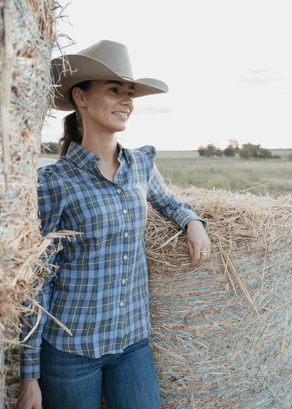 Ladies Long Sleeve Linen Shirt - Green/Blue/White Plaid image 3