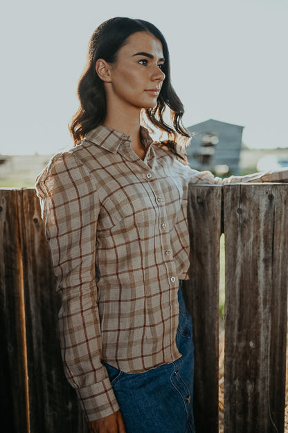 Dixie - Brown Plaid Ladies Linen Long Sleeve Shirt image 5