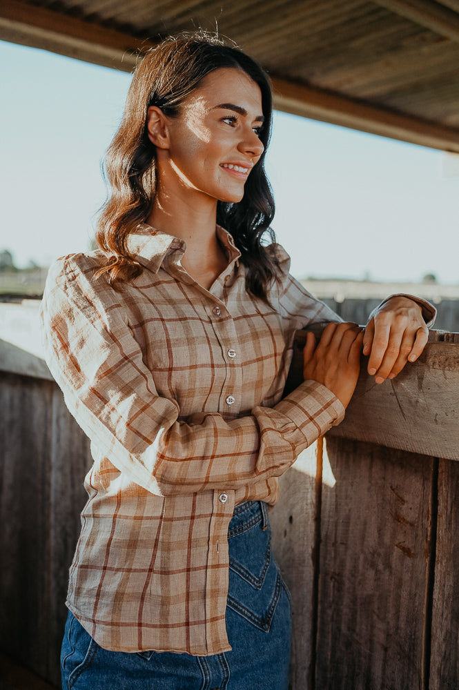 Dixie - Brown Plaid Ladies Linen Long Sleeve Shirt image 4