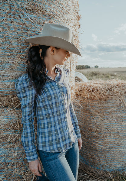 Ladies Long Sleeve Linen Shirt - Green/Blue/White Plaid image 2