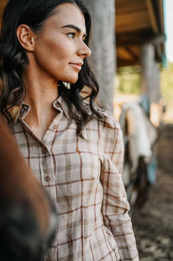 Dixie - Brown Plaid Ladies Linen Long Sleeve Shirt image 2