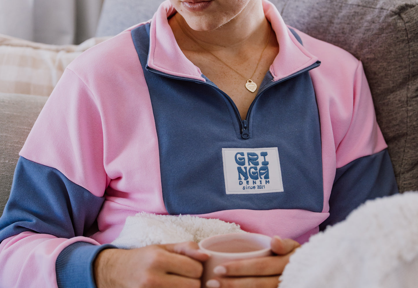Pink and Blue 1/4 Zip Cotton Jumper image 2