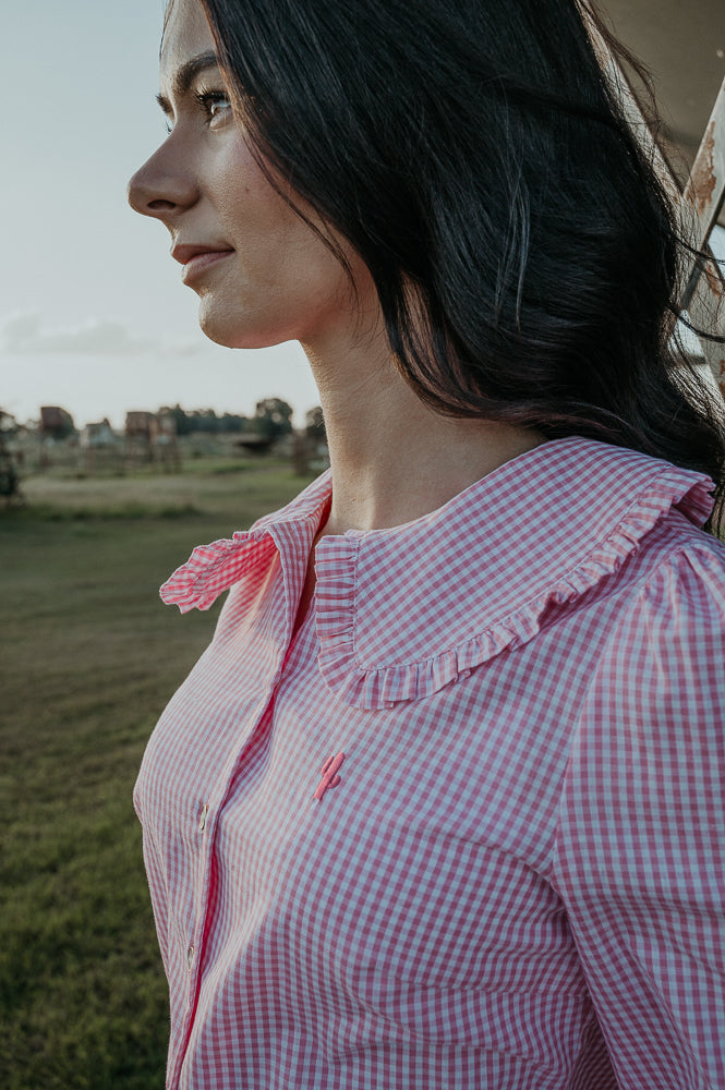 Ladies Statement Collar Long Sleeve Shirt - Pink Check image 1