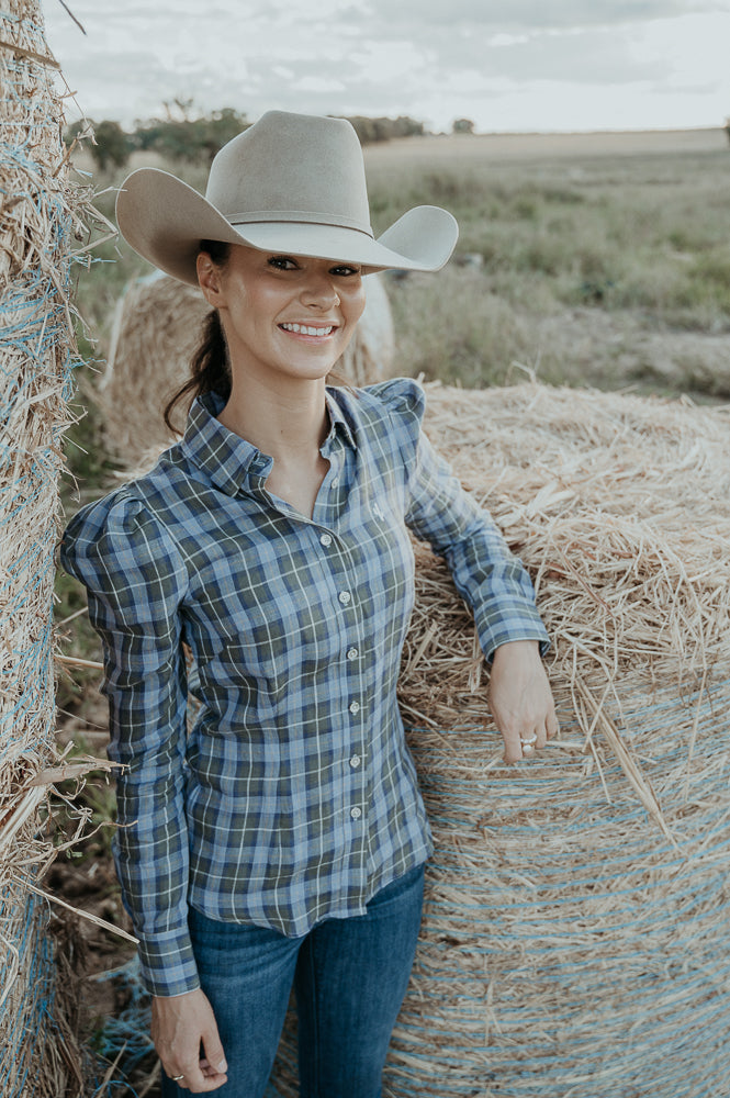 Ladies Long Sleeve Linen Shirt - Green/Blue/White Plaid image 1