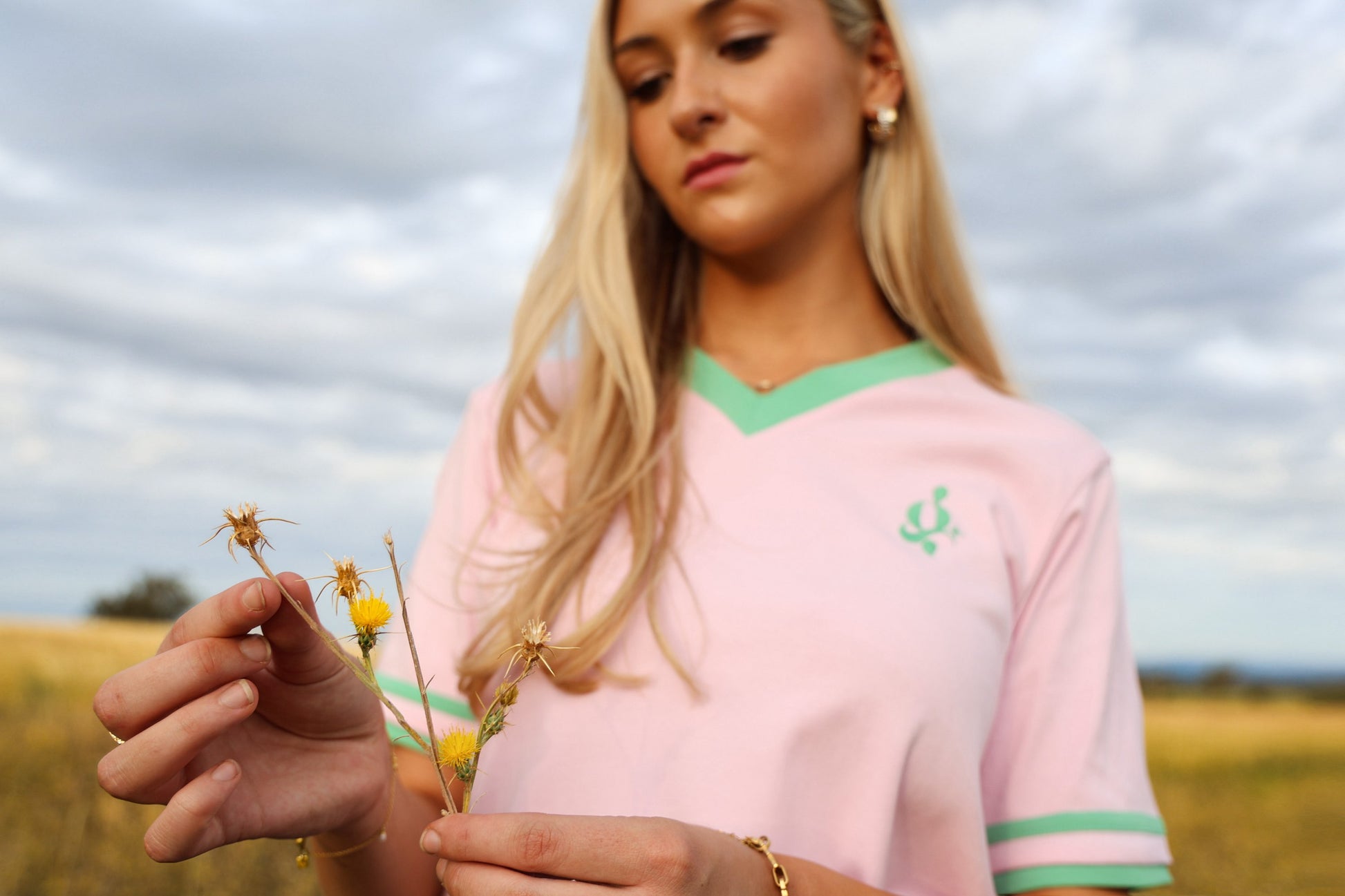 Green and Pink Logo V Neck T Shirt image 1