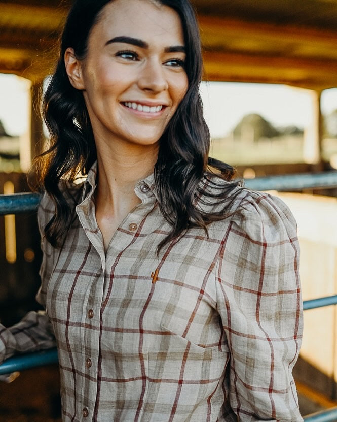 Dixie - Brown Plaid Ladies Linen Long Sleeve Shirt image 1