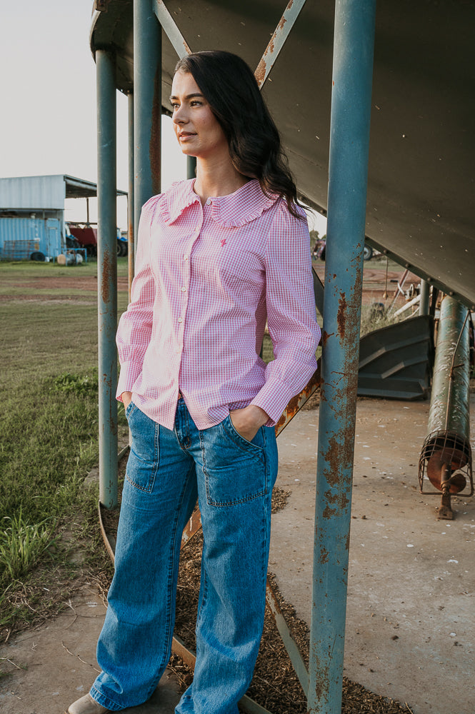 Ladies Statement Collar Long Sleeve Shirt - Pink Check image 3