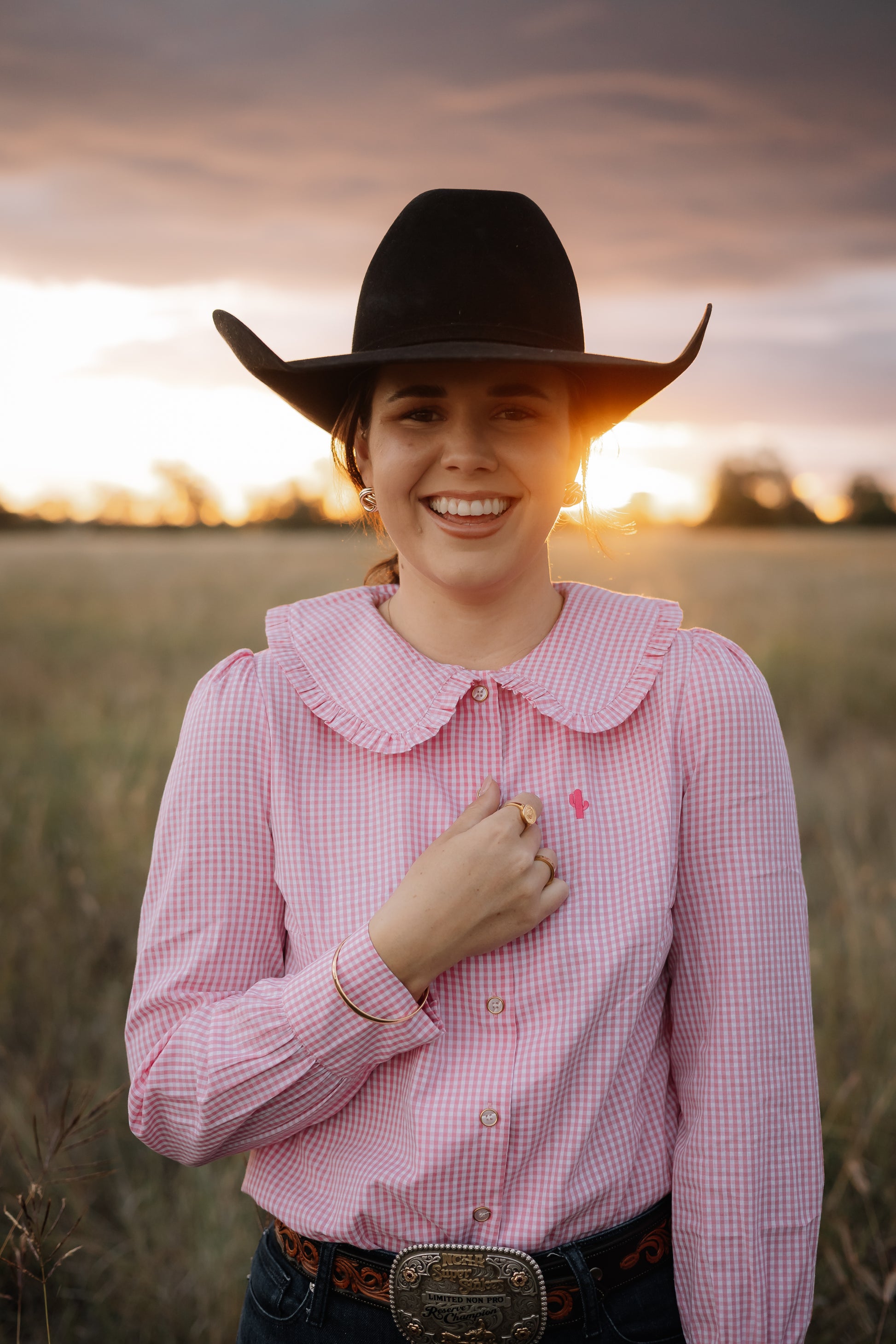 Ladies Statement Collar Long Sleeve Shirt - Pink Check image 4
