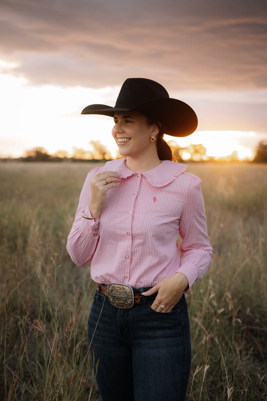 Ladies Statement Collar Long Sleeve Shirt - Pink Check image 0