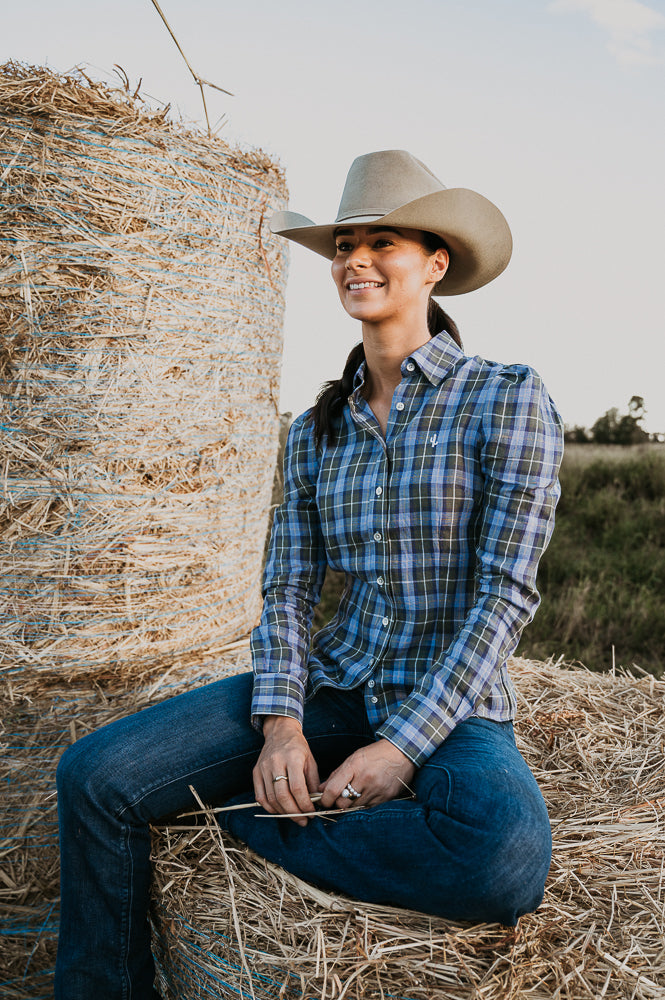 Ladies Long Sleeve Linen Shirt - Green/Blue/White Plaid image 0