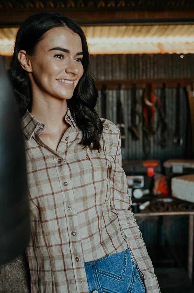 Dixie - Brown Plaid Ladies Linen Long Sleeve Shirt image 3
