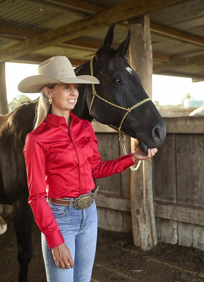 Vaquera ~ Crimson Red Women's Long Sleeve Cotton Shirt image 0