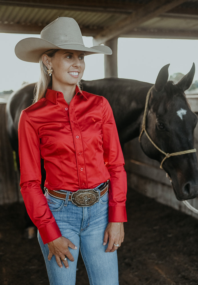 Vaquera ~ Crimson Red Women's Long Sleeve Cotton Shirt image 3