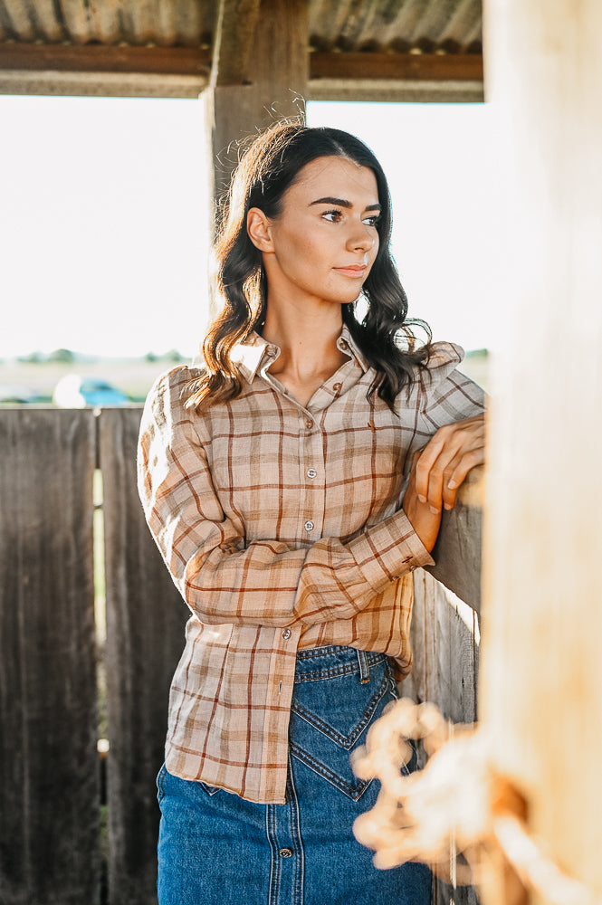 Dixie - Brown Plaid Ladies Linen Long Sleeve Shirt image 0